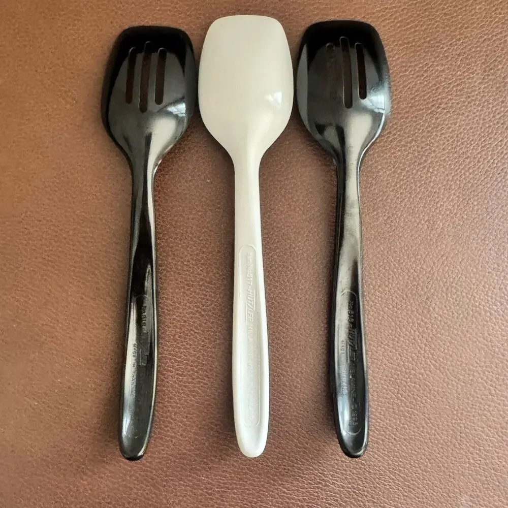 3 Hutzler Mini Slotted & Solid Spoons White Black Melamine #516 #517 Vintage